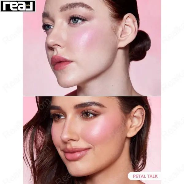 دو مدل با آرایش لطیف و رژگونه Petal Talk روی گونه‌ها با پس‌زمینه صورتی