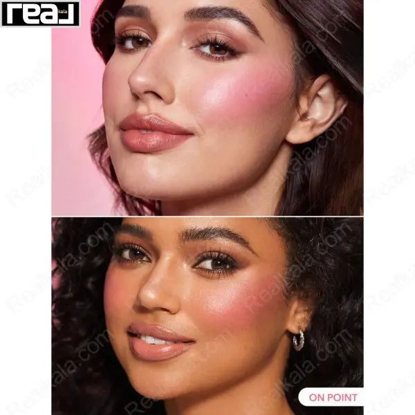 دو مدل با آرایش فشن و رژگونه On Point روی گونه‌ها با پس‌زمینه صورتی	