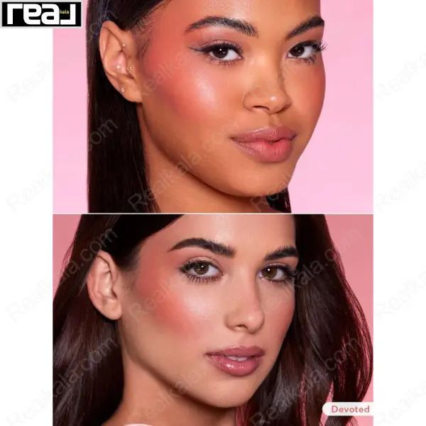 دو مدل با آرایش نچرال و رژگونه Devoted روی گونه‌ها با پس‌زمینه صورتی	