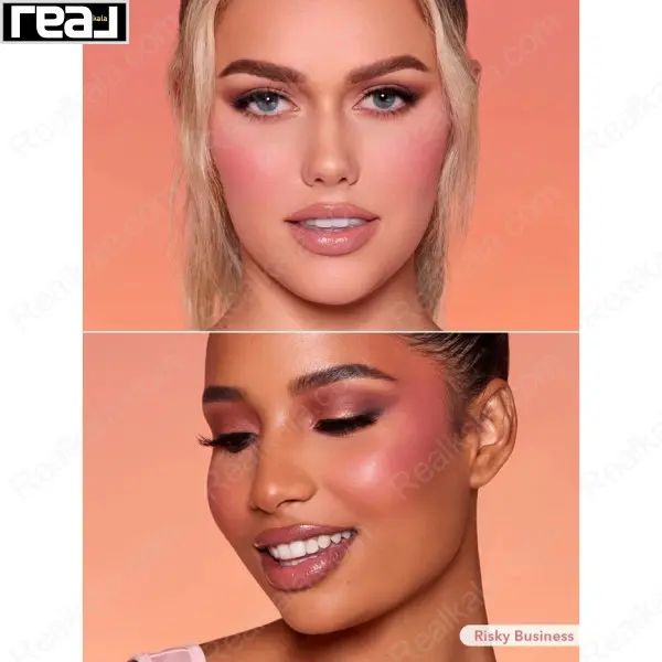 دو مدل با آرایش شاد و رژگونه Risky Business روی گونه‌ها با پس‌زمینه گرم