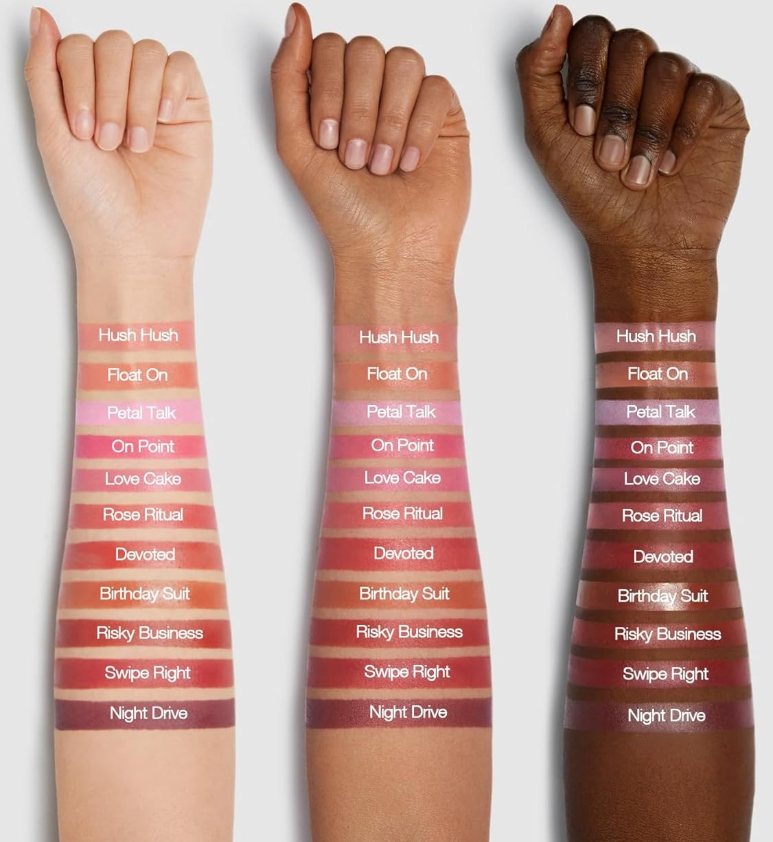 سواچ رنگ‌های رژگونه Sheglam روی دست شامل On Point و سایر رنگ‌ها