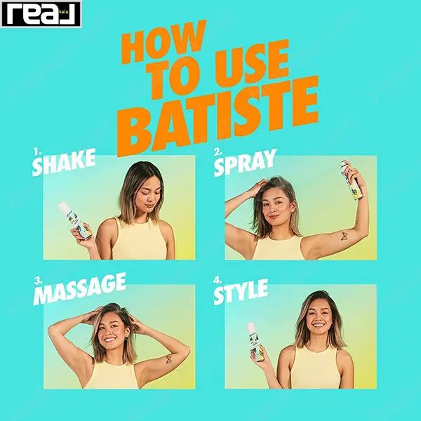 راهنمای استفاده از شامپو خشک باتیست در چهار مرحله: تکان دادن، اسپری، ماساژ و حالت‌دهی مو	