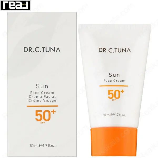 نمای جعبه و تیوب کرم ضدآفتاب دکتر سی تونا SPF 50 با طراحی سفید و نارنجی	