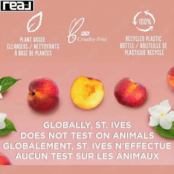 گراف تبلیغاتی برند استیوز با نمادهای Cruelty-Free و بسته‌بندی قابل بازیافت