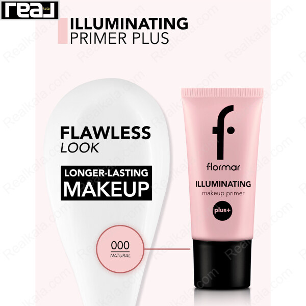 تیوب صورتی پرایمر فلورمار در کنار بافت سفید و متن FLAWLESS LOOK و LONGER-LASTING MAKEUP