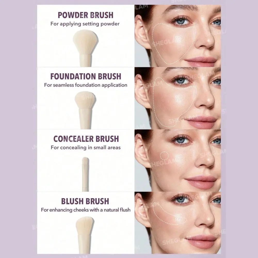 راهنمای تصویری کاربرد براش‌ها روی صورت پودر، کرم‌پودر، کانسیلر، رژگونه