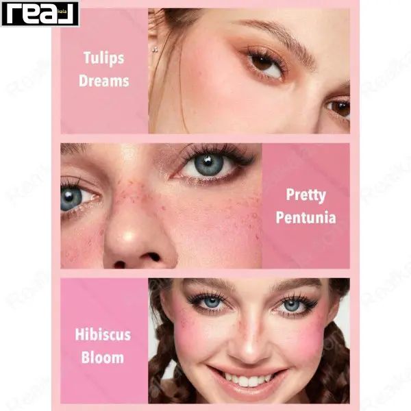 تصویر سه مدل با رژگونه‌های Tulip Dream، Pretty Petunia و Hibiscus Bloom