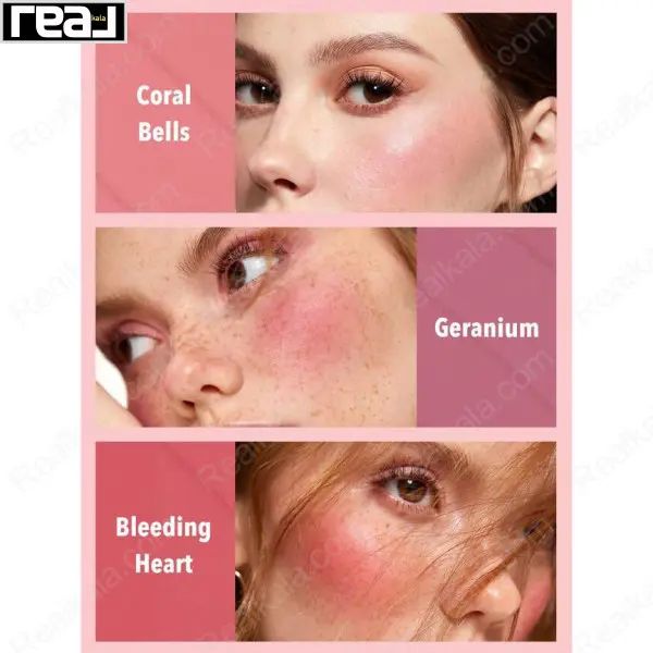 تصویر سه مدل با رژگونه‌های Coral Bells، Geranium و Bleeding Heart