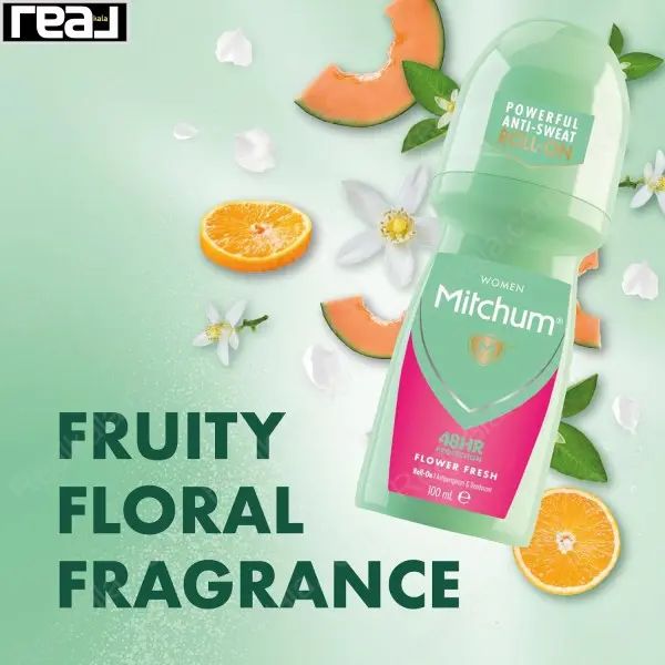 پوستر تصویری رایحه Flower Fresh با عناصر ملون، پرتقال و گل‌های سفید