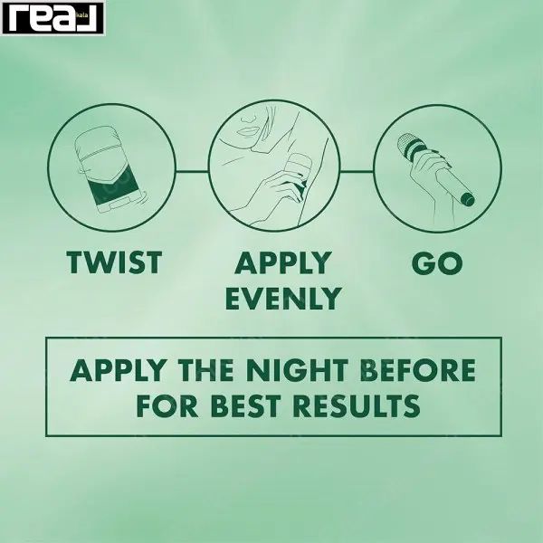 تصویر سه مرحله‌ای استفاده از ضدتعریق زنانه Ultimate Soft Solid با توصیه مصرف شبانه