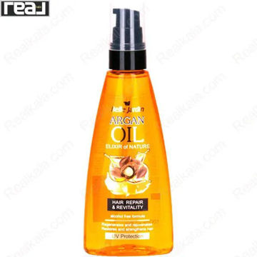روغن آرگان مو Real Argan Oil Elixir of Nature با پمپ، مناسب ترمیم و تقویت مو، افزایش درخشندگی و محافظت UV