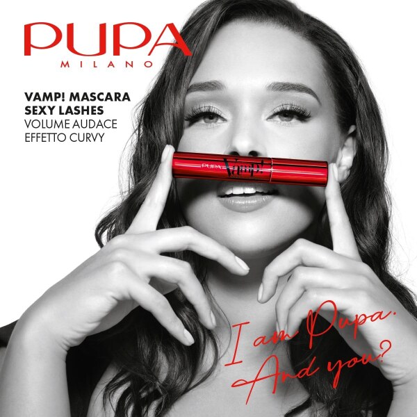 تبلیغ ریمل پوپا Vamp! Sexy Lashes با طراحی سیاه‌وسفید و تیوب قرمز