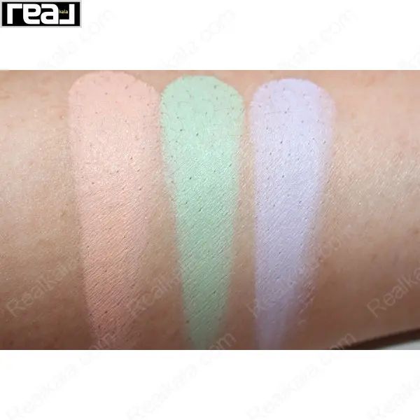 تست رنگ‌های پالت اصلاح ریمل روی پوست شامل هلویی، سبز و بنفش