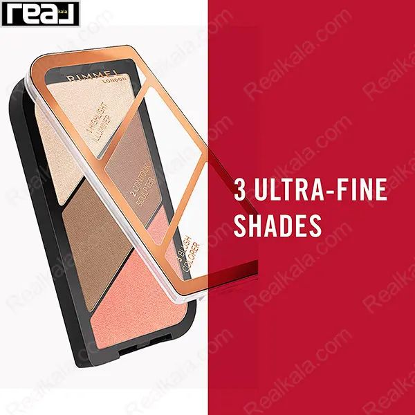 پالت سه‌کاره ریمل لاندن با درب شفاف و طراحی رزگلد شامل هایلایتر، کانتور و رژگونه