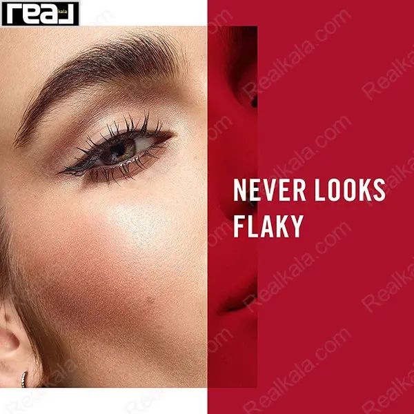 نمای نزدیک از میکاپ گونه، چشم و ابرو با استفاده از پالت ریمل لندون به همراه شعار Never Looks Flaky جهت نمایش بافت یکدست، بدون پوسته شدن و کاملاً طبیعی پودر روی پوست صورت