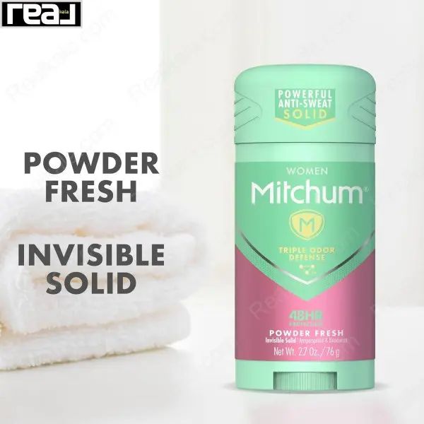 تبلیغ استیک ضد تعریق زنانه میچام مدل پاودر فرش با پس‌زمینه حوله سفید و طراحی سبز صورتی	