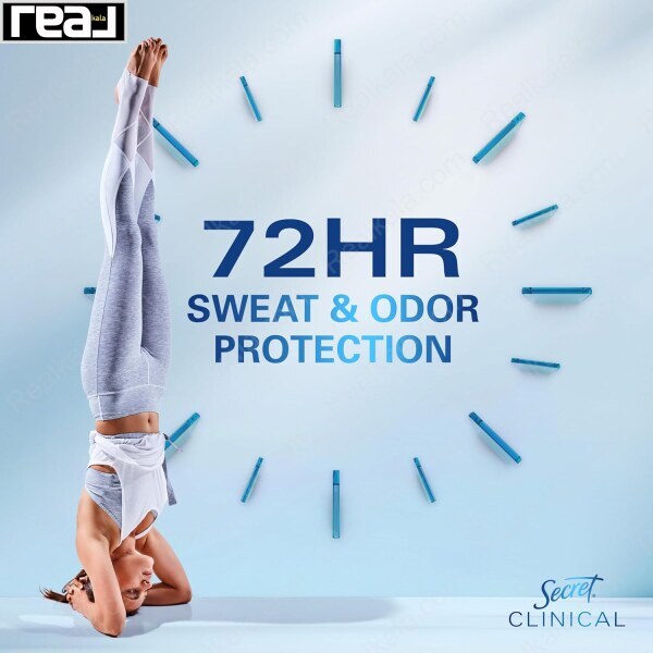 تبلیغ دئودورانت Secret Clinical با تصویر زن در حالت headstand و ساعت ساخته‌شده از استیک‌ها	