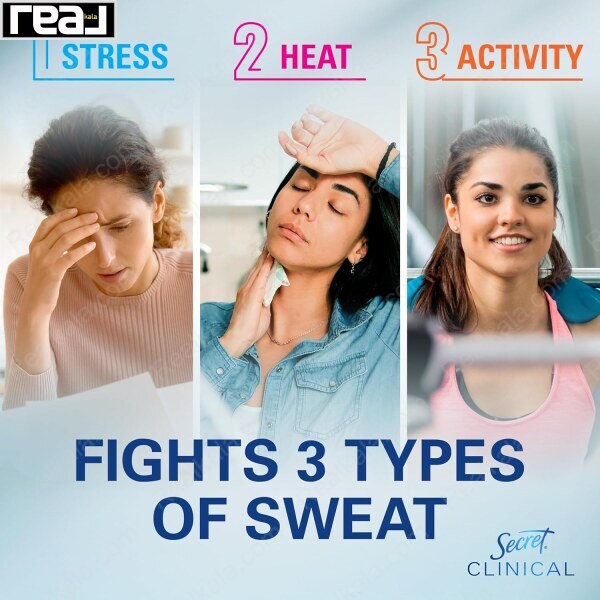 تبلیغ دئودورانت Secret Clinical با سه زن در حالت‌های استرس، گرما و فعالیت	