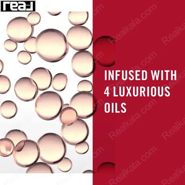 تصویر قطرات روغن با متن Infused with 4 Luxurious Oils