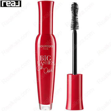 تیوب ریمل بورژوا پاریس Big Lashes Oh Oui قرمز با براش منحنی و درپوش باز، نمایش بسته‌بندی محصول