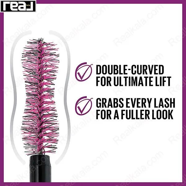 نمای نزدیک برس منحنی دوگانه ریمل میبلین با الیاف صورتی برای لیفت مژه‌ها