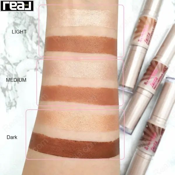 نمای دست با سواچ‌های رنگی شماره‌های Light، Medium و Dark از استیک کانتور ریمل