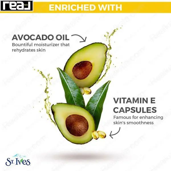 ترکیبات لوسیون بدن سینت ایوز شامل روغن آووکادو، برگ سبز و کپسول‌های ویتامین E