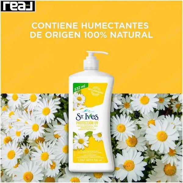 ترکیبات لوسیون بدن سینت ایوز شامل گل بابونه، عناصر طبیعی و پس‌زمینه آفتابی	