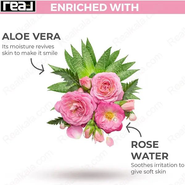 ترکیبات شامپو بدن سینت ایوز شامل گل رز، برگ آلوئه‌ورا و نمادهای آرامش‌بخش طبیعی