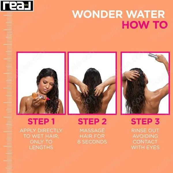 تصویر آموزشی سه مرحله‌ای نحوه استفاده از سرم Wonder Water با مدل واقعی