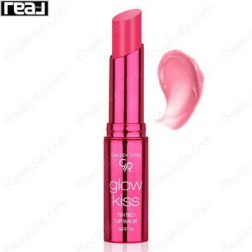 بالم لب رنگی گلدن رز مدل Glow Kiss شماره 03 با طراحی متالیک صورتی و نوشته SPF 15