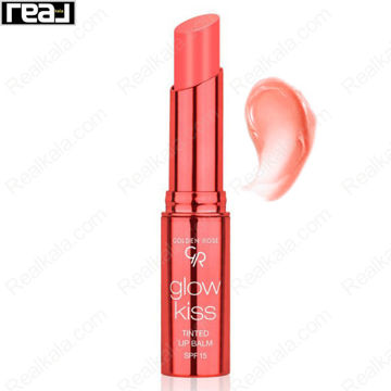 بالم لب رنگی گلدن رز مدل Glow Kiss شماره 04 با طراحی متالیک هلویی و نوشته SPF 15