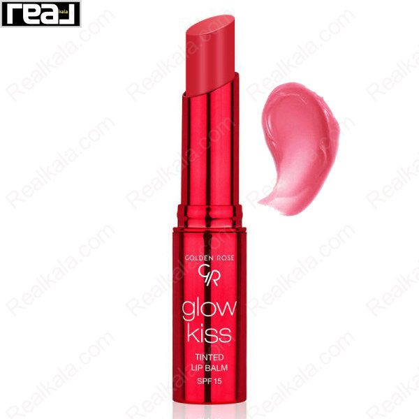بالم لب رنگی گلدن رز مدل Glow Kiss شماره 02 با طراحی متالیک قرمز و نوشته SPF 15