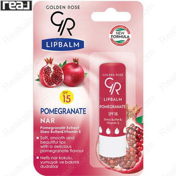 بالم لب کارتی گلدن رز مدل انار با بسته‌بندی قرمز، نوشته SPF 15 و تصویر انار	