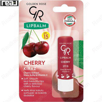 بالم لب کلاسیک گلدن رز مدل گیلاس با بسته‌بندی قرمز، نوشته SPF 15 و تصویر گیلاس