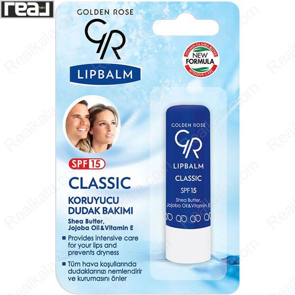بالم لب کلاسیک گلدن رز مدل محافظتی با بسته‌بندی آبی، نوشته SPF 15 و طراحی مرد و زن