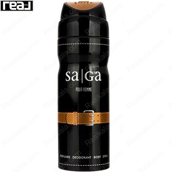 اسپری بدن امپر ساگا مردانه با طراحی مشکی کمربنددار و رایحه خاص نیمه‌رسمی
