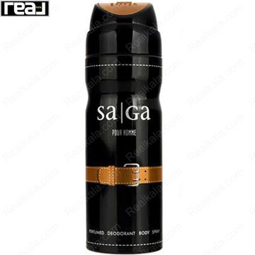 اسپری بدن امپر ساگا مردانه با طراحی مشکی کمربنددار و رایحه خاص نیمه‌رسمی