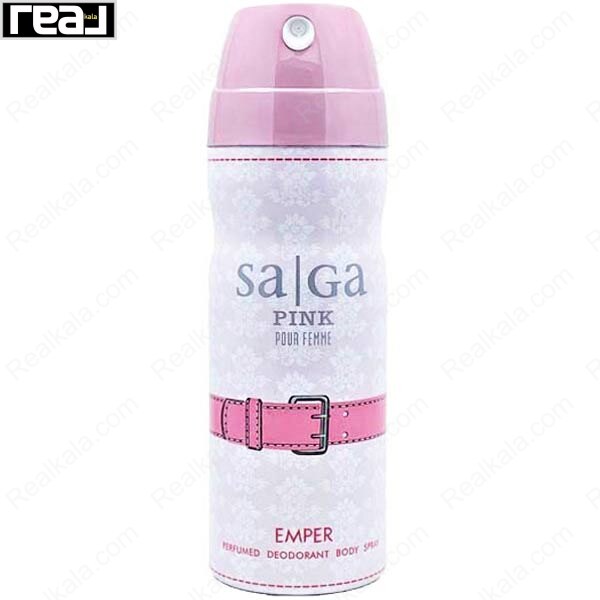 اسپری بدن امپر ساگا صورتی زنانه با طراحی سفید گل‌دار و رایحه لطیف روزمره