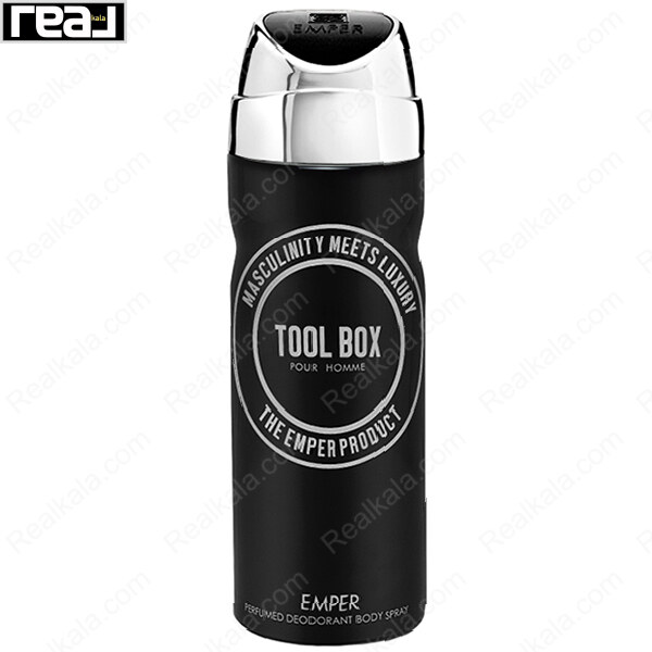 اسپری بدن امپر تول باکس مردانه با طراحی مشکی نقره‌ای و شعار Masculinity Meets Luxury