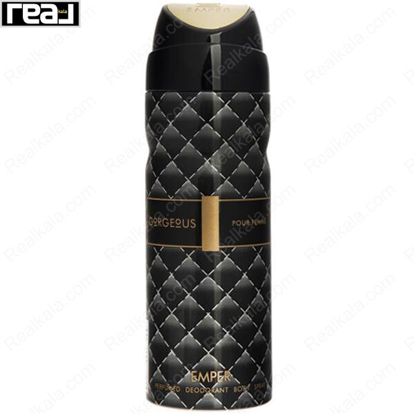 اسپری بدن امپر جورجیوس زنانه با طراحی مشکی طلایی و رایحه لوکس مجلسی