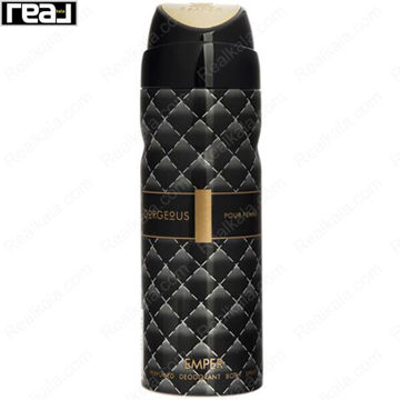 اسپری بدن امپر جورجیوس زنانه با طراحی مشکی طلایی و رایحه لوکس مجلسی