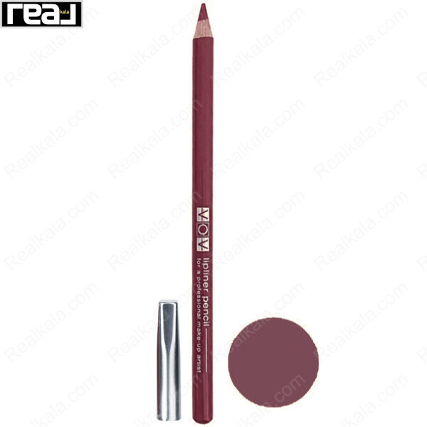 مداد لب وو شماره 503 با رنگ مائووی خاکستری تیره و درپوش نقره‌ای کنار نمونه رنگ دایره‌ای