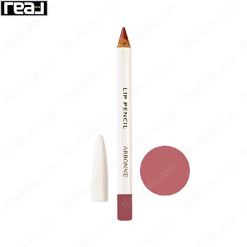 مداد لب آربون مدل Rose Wood با رنگ رز قهوه‌ای ملایم و درپوش سفید کنار نمونه رنگ دایره‌ای	