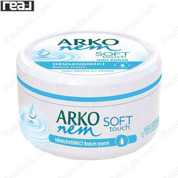 کرم مرطوب‌کننده Arko Nem مدل Soft Touch با بسته‌بندی سفید و آبی و تصویر قطره آب