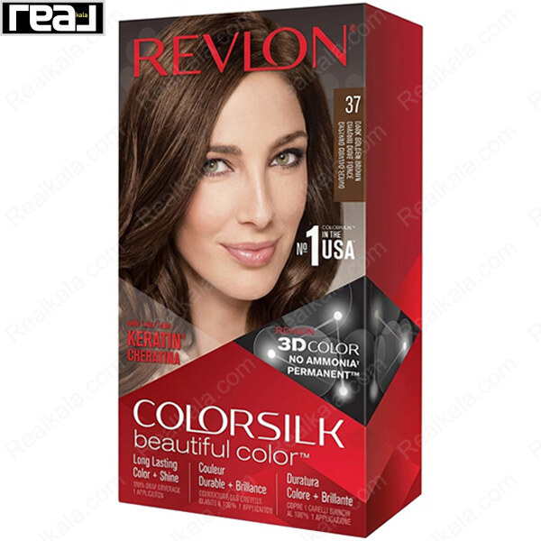 رنگ مو Revlon Colorsilk Beautiful Color شماره 37 با فرمول بدون آمونیاک، حاوی کراتین و تکنولوژی 3D Color برای ایجاد رنگ قهوه‌ای طلایی تیره با درخشندگی طبیعی و ماندگاری بالا