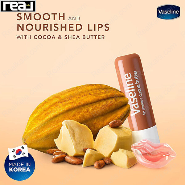 تبلیغ بالم لب Vaseline مدل Cocoa Butter با تصویر کره کاکائو، شی باتر و پرچم کره 