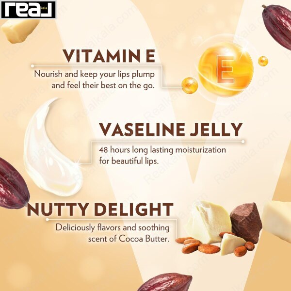ترکیبات اصلی بالم لب Vaseline مدل Cocoa Butter شامل وازلین، ویتامین E و رایحه کاکائو