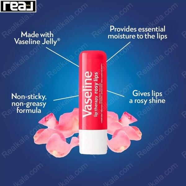 تبلیغ بالم لب Vaseline Rosy Lips با گلبرگ‌های رز و ویژگی‌های non-sticky و rosy shine