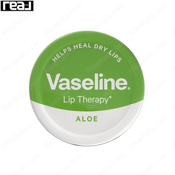 بالم لب وازلین مدل Aloe در قوطی فلزی سبز و سفید با نوشته Helps Heal Dry Lips